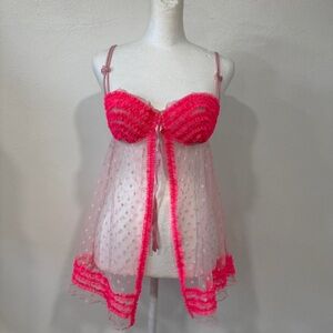 Victoria's Secret Sexy Little Things Babydoll Lingerie 34C Pink Polka Dot Sheer